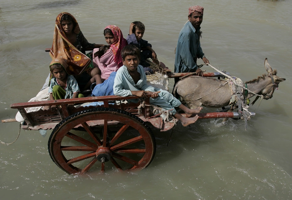 Un asino traina un carro con cinque bambini mentre un uomo cammina accanto lungo strade allagate durante gli interventi di aiuto umanitario per le inondazioni in Pakistan del 2010.