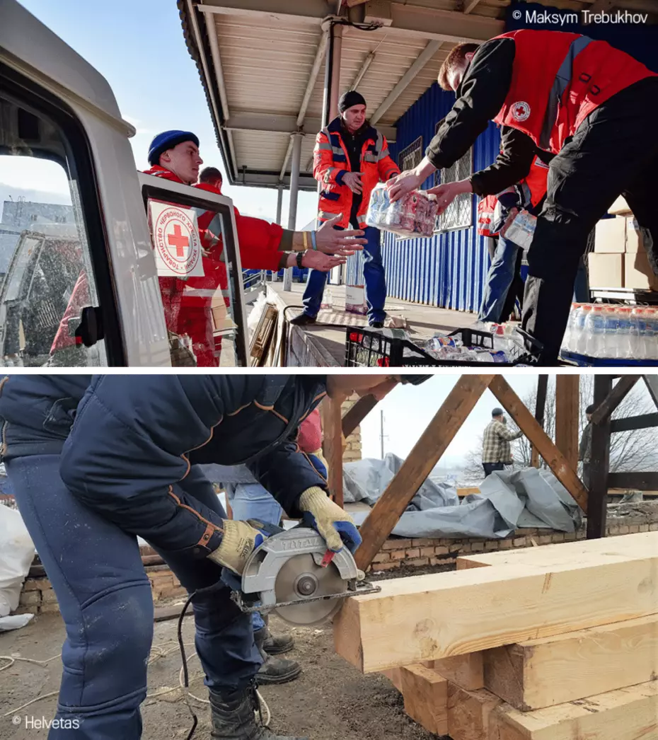 Sostegno e ricostruzione in Ucraina I volontari distribuiscono acqua e cibo e lavorano alla costruzione con una sega circolare: un aiuto sostenibile sul campo.